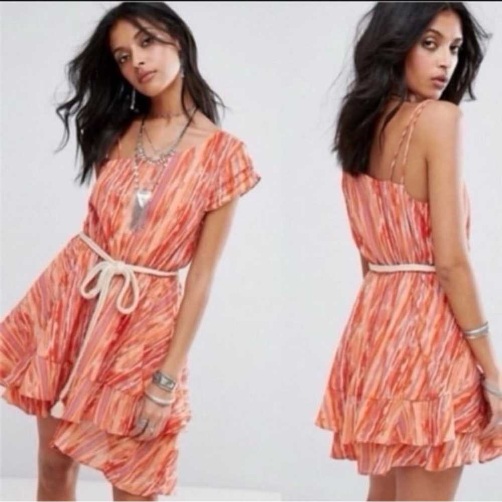 Free people asymmetrical one sleeve layered orange peach purple dress Small NEW
